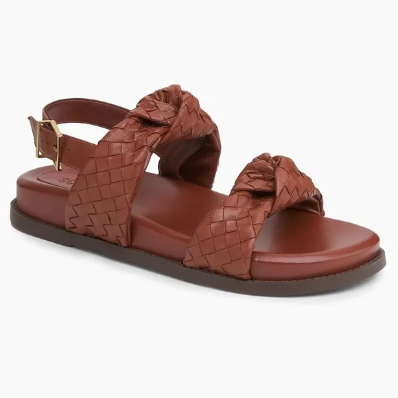 new SCHUTZ Kareena Brown Woven Leather Knot Sandals Ankle Strap Flat 6.5 - Picture 3 of 9